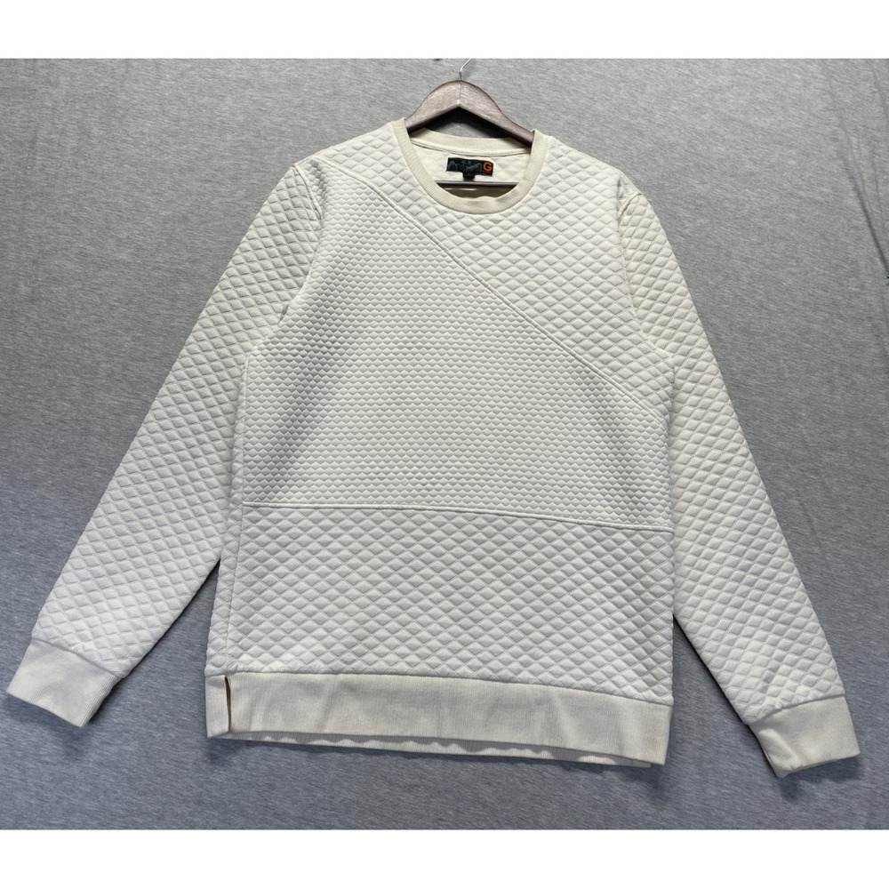 G by Guess Crew Neck Sweatshirt Mens Large Cream Quilted Diamond Slit Hem Ribbed